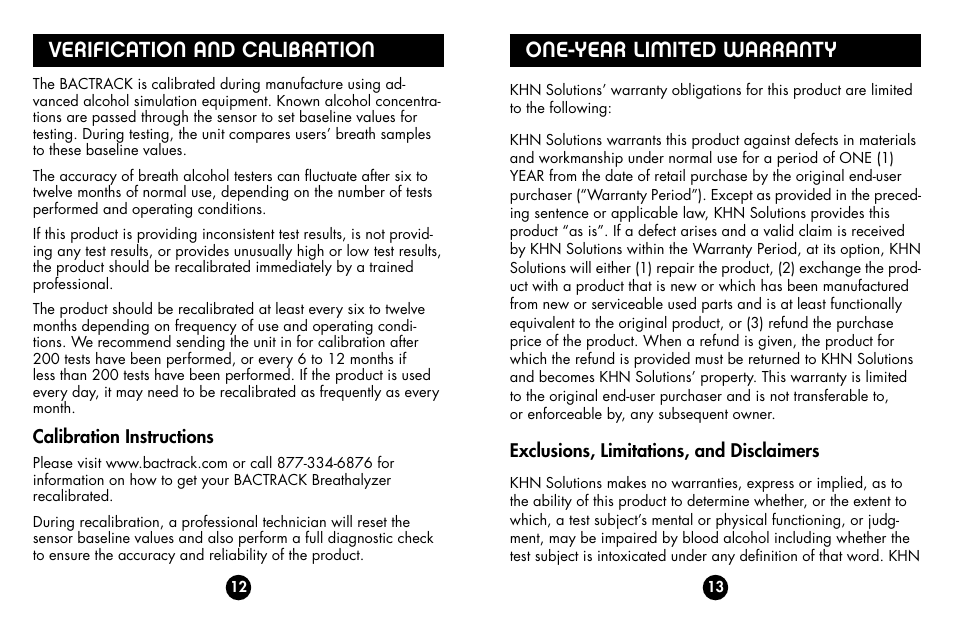 Verification and calibration, One-year limited warranty, Calibration instructions | Exclusions, limitations, and disclaimers | BACtrack S70 User Manual | Page 8 / 11