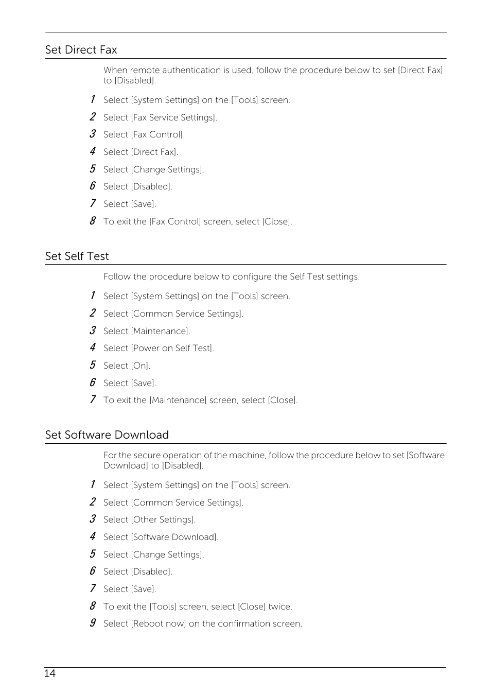 Set direct fax, Set self test, Set software download | Set direct fax set self test set software download | Dell C5765DN MFP Color Laser Printer User Manual | Page 14 / 27