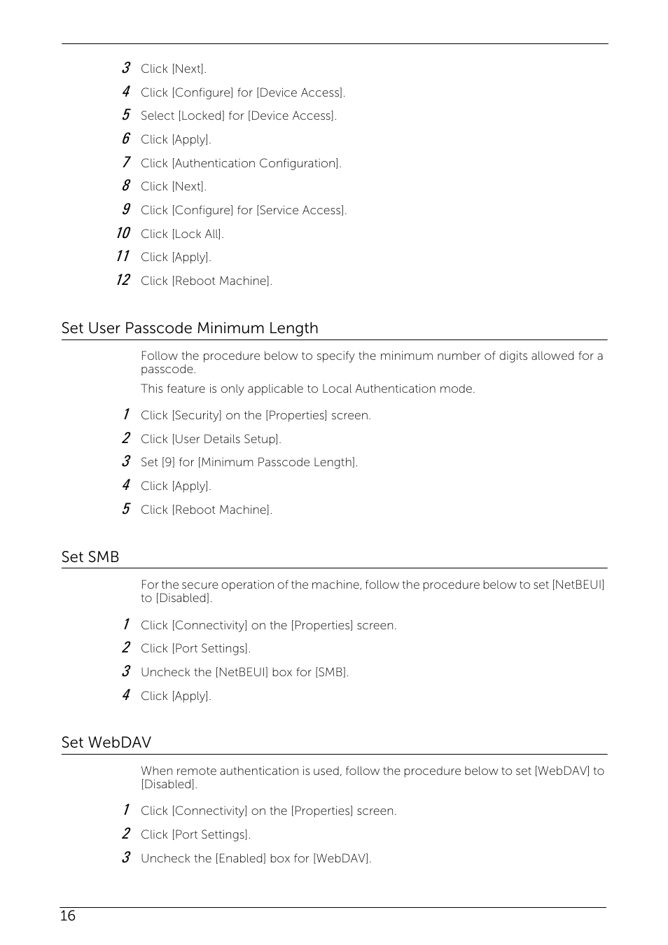 Set user passcode minimum length, Set smb, Set webdav | Dell C5765DN MFP Color Laser Printer User Manual | Page 16 / 27