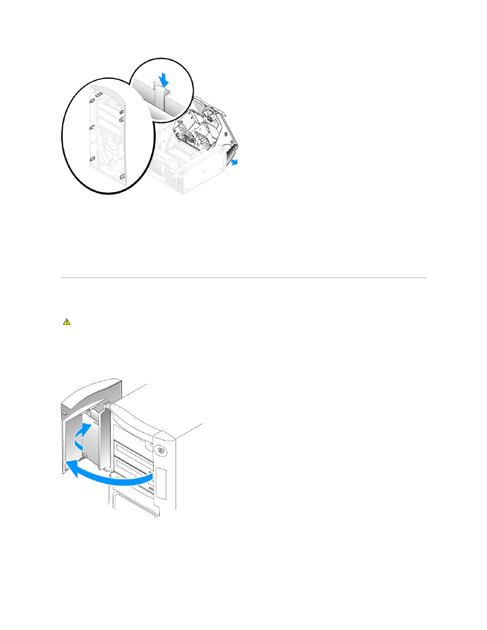 Drive door, Replacing the front panel, Removing the drive door | Dell XPS/Dimension XPS Gen 2 User Manual | Page 27 / 44