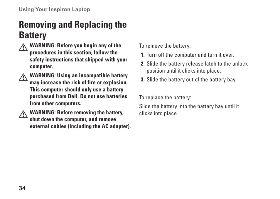 Removing and replacing the battery | Dell Inspiron 1546 (Late 2009) User Manual | Page 36 / 86