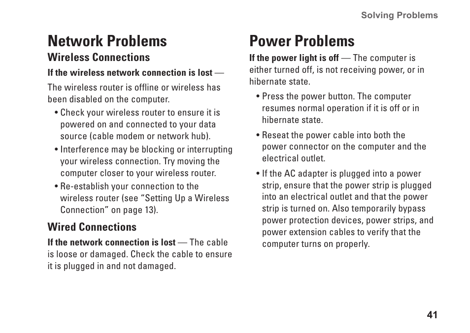 Network problems, Power problems, Network problems power problems | Dell Inspiron 1546 (Late 2009) User Manual | Page 43 / 86