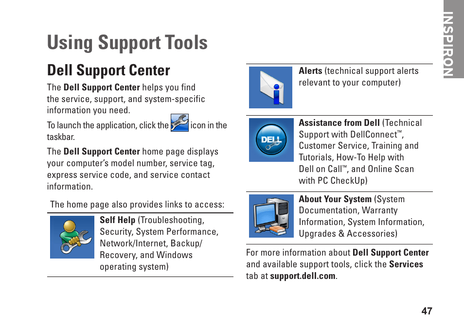 Using support tools, Dell support center, Inspiron | Dell Inspiron 1546 (Late 2009) User Manual | Page 49 / 86