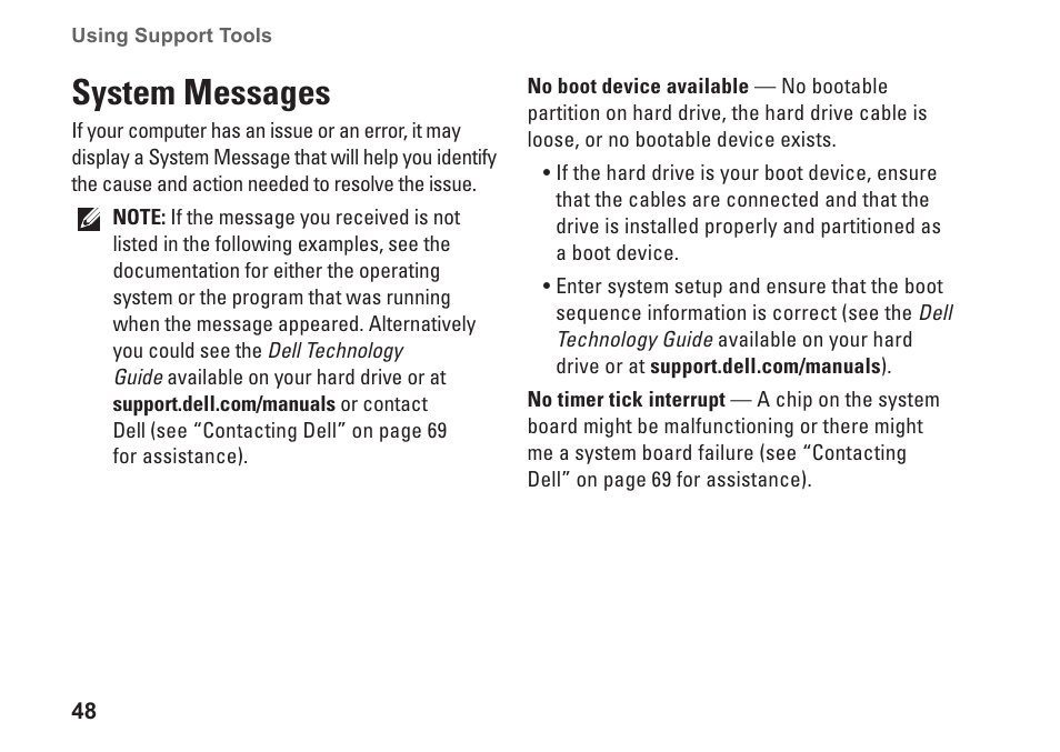 System messages | Dell Inspiron 1546 (Late 2009) User Manual | Page 50 / 86