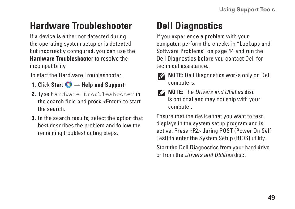 Hardware troubleshooter, Dell diagnostics, Hardware troubleshooter dell diagnostics | Dell Inspiron 1546 (Late 2009) User Manual | Page 51 / 86