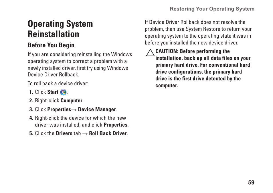 Operating system reinstallation | Dell Inspiron 1546 (Late 2009) User Manual | Page 61 / 86