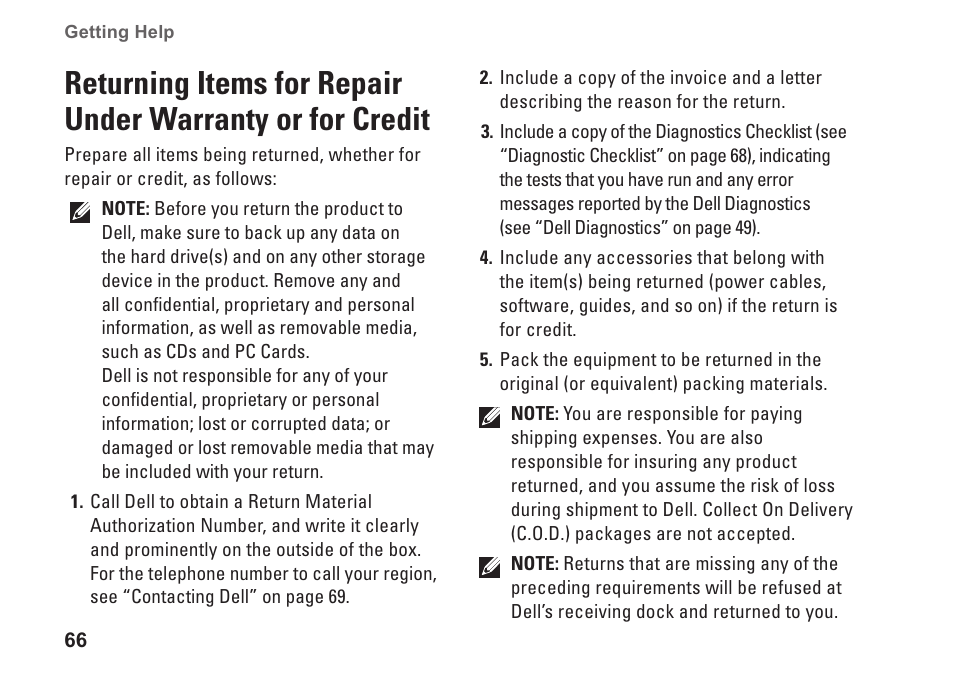 Returning items for repair under, Warranty or for credit | Dell Inspiron 1546 (Late 2009) User Manual | Page 68 / 86