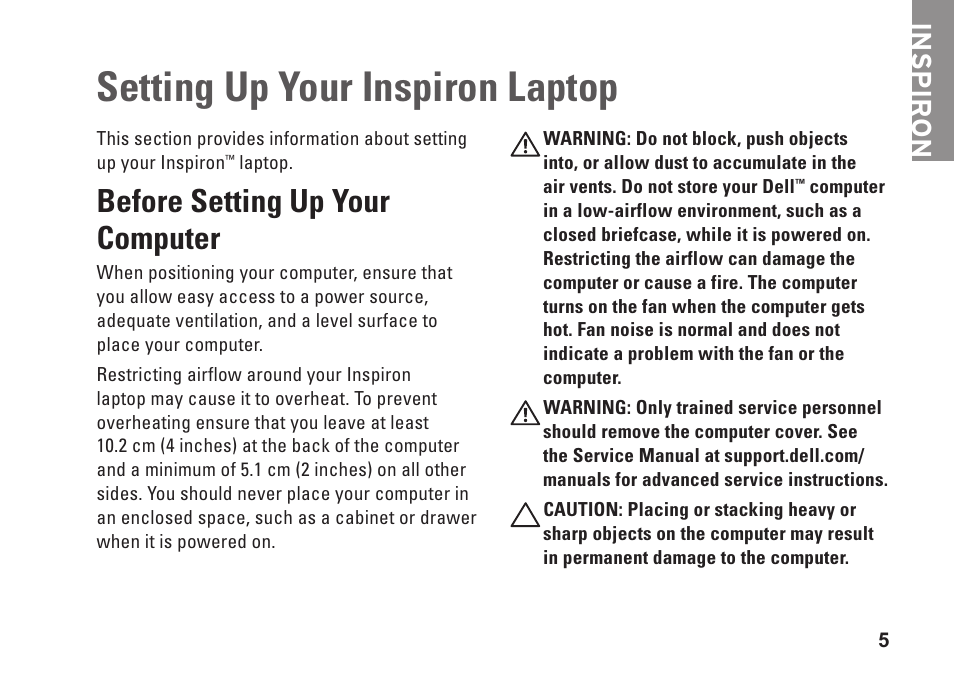 Setting up your inspiron laptop, Before setting up your computer, Inspiron | Dell Inspiron 1546 (Late 2009) User Manual | Page 7 / 86