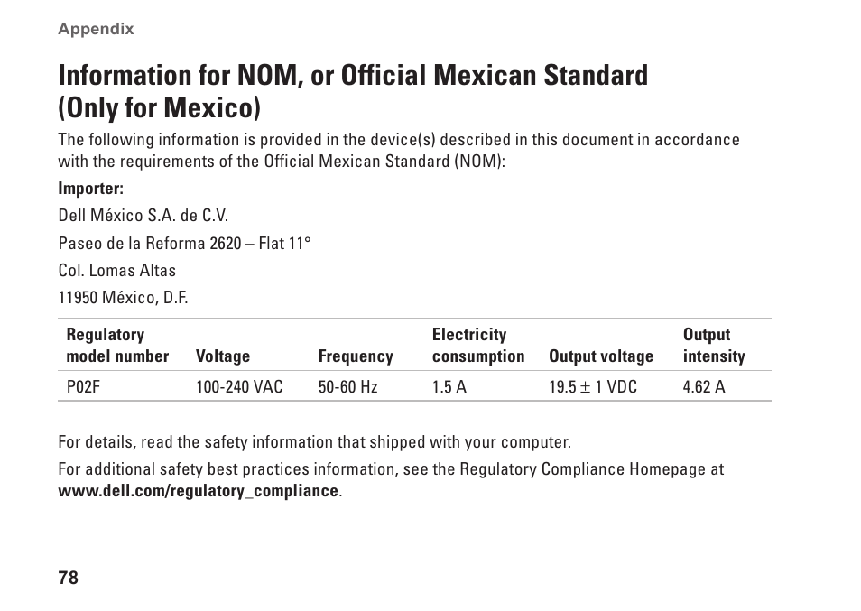 Information for nom, or official, Mexican standard (only for mexico) | Dell Inspiron 1546 (Late 2009) User Manual | Page 80 / 86