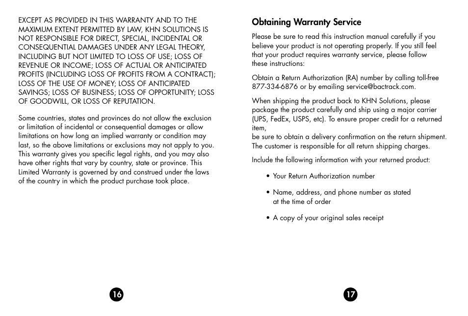 Obtaining warranty service | BACtrack S30 User Manual | Page 10 / 11