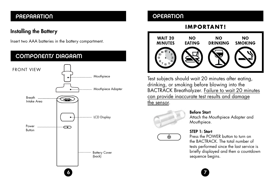 Preparation, Components diagram operation | BACtrack S30 User Manual | Page 5 / 11