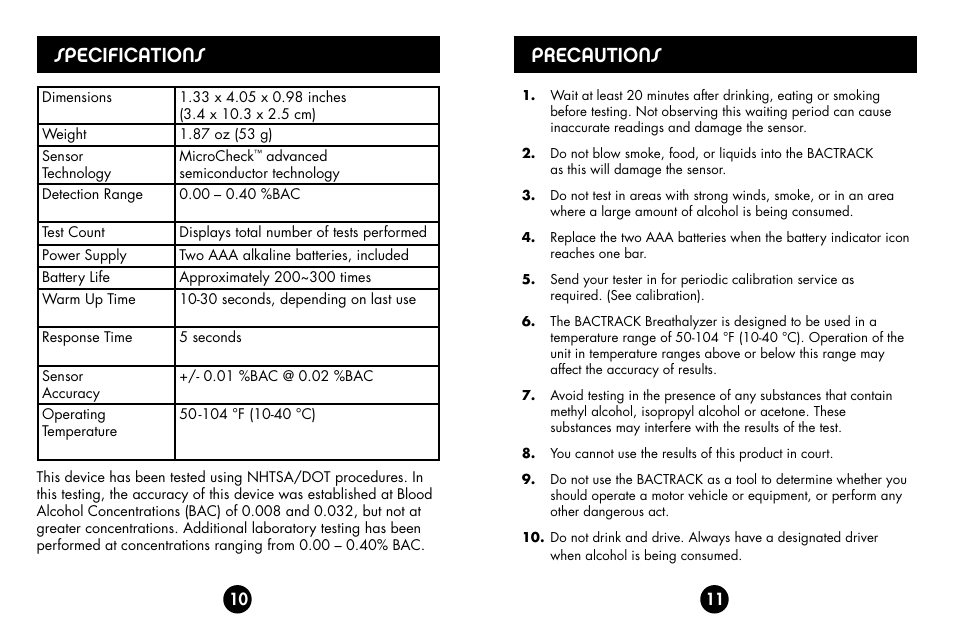 Specifications, Precautions | BACtrack S30 User Manual | Page 7 / 11