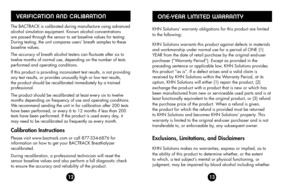 Verification and calibration, One-year limited warranty, Calibration instructions | Exclusions, limitations, and disclaimers | BACtrack S30 User Manual | Page 8 / 11