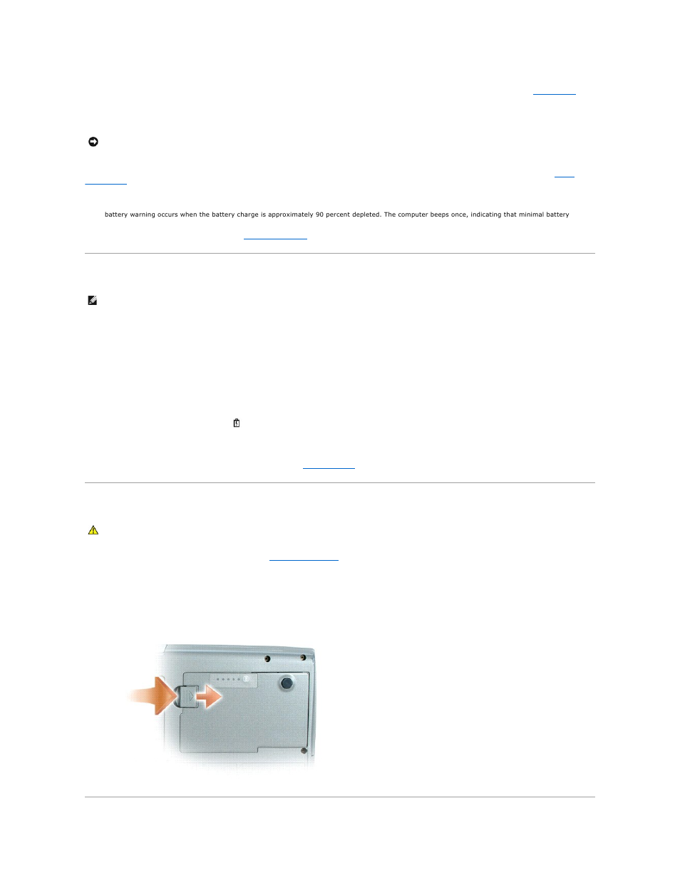 Charging the battery, Removing a battery, You can | Check the battery charge, Before you, Insert the battery, Battery, Charge is low, Low-battery warning | Dell Latitude D510 User Manual | Page 13 / 107