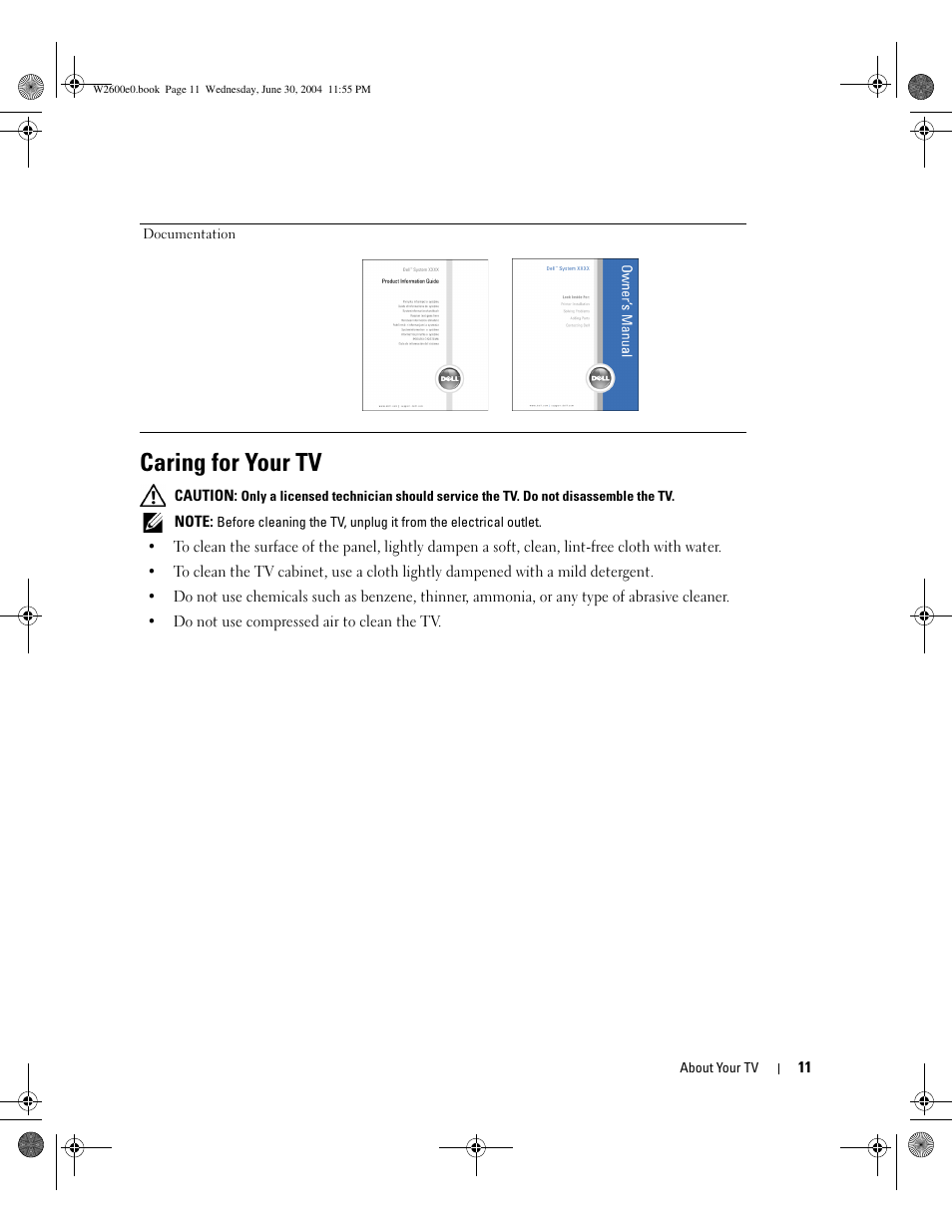 Caring for your tv | Dell LCD TV W2600 User Manual | Page 10 / 149