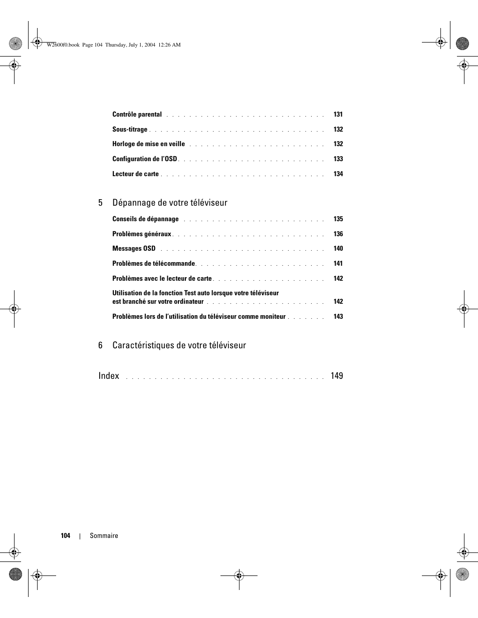 5dépannage de votre téléviseur, 6caractéristiques de votre téléviseur index | Dell LCD TV W2600 User Manual | Page 103 / 149