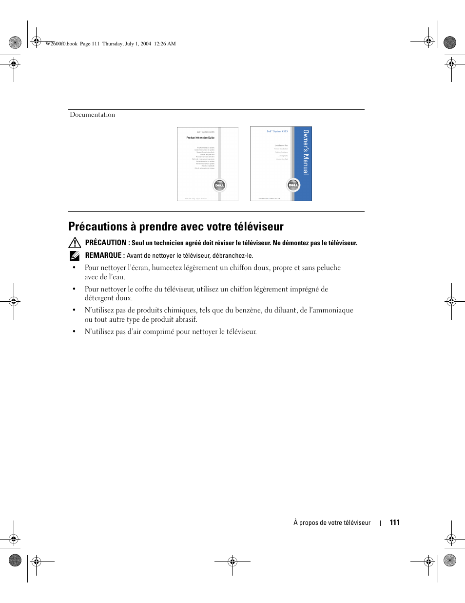 Précautions à prendre avec votre téléviseur | Dell LCD TV W2600 User Manual | Page 110 / 149