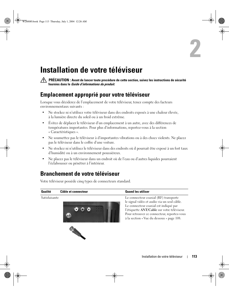 Installation de votre téléviseur, Emplacement approprié pour votre téléviseur, Branchement de votre téléviseur | Dell LCD TV W2600 User Manual | Page 112 / 149