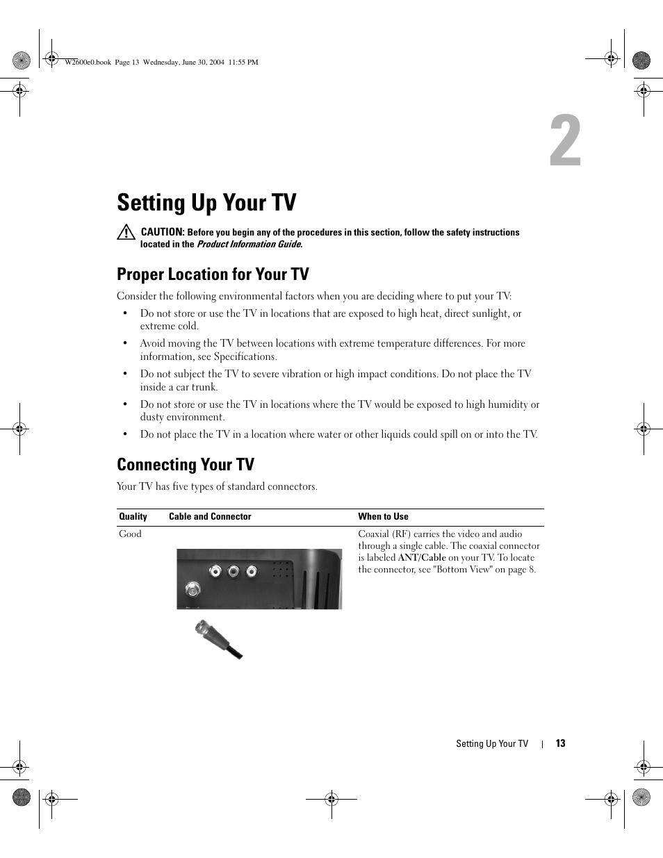 Setting up your tv, Proper location for your tv, Connecting your tv | Dell LCD TV W2600 User Manual | Page 12 / 149