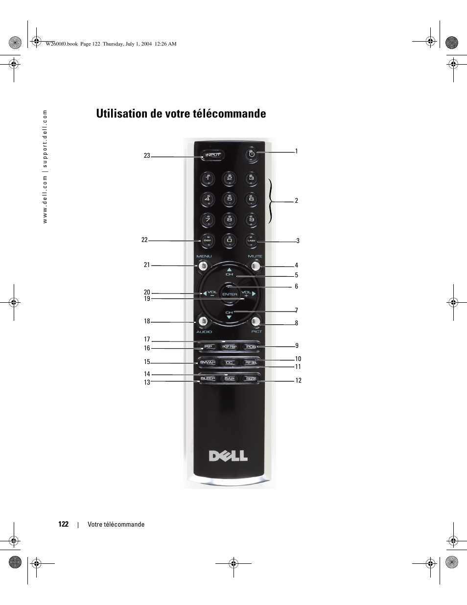 Utilisation de votre télécommande | Dell LCD TV W2600 User Manual | Page 121 / 149