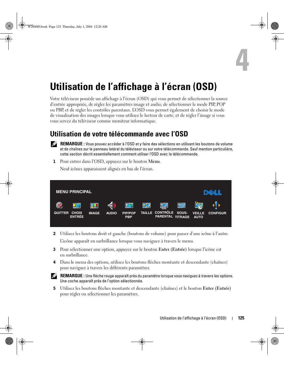 Utilisation de l’affichage à l’écran (osd), Utilisation de votre télécommande avec l’osd | Dell LCD TV W2600 User Manual | Page 124 / 149