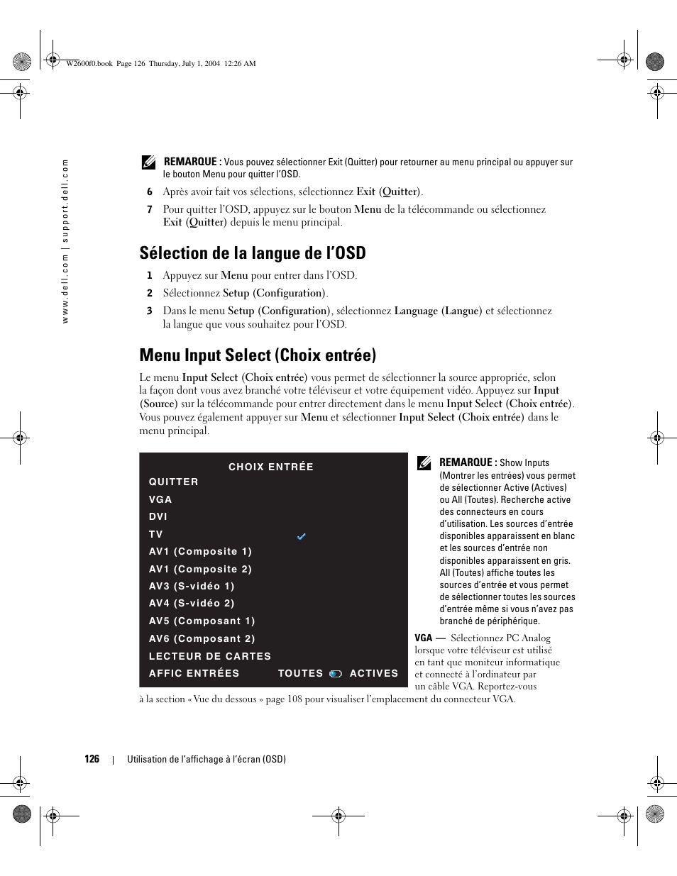 Sélection de la langue de l’osd, Menu input select (choix entrée) | Dell LCD TV W2600 User Manual | Page 125 / 149