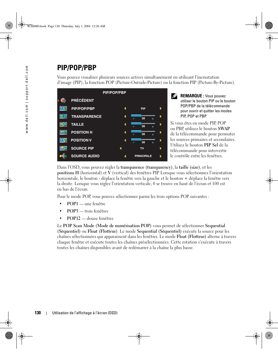 Pip/pop/pbp | Dell LCD TV W2600 User Manual | Page 129 / 149