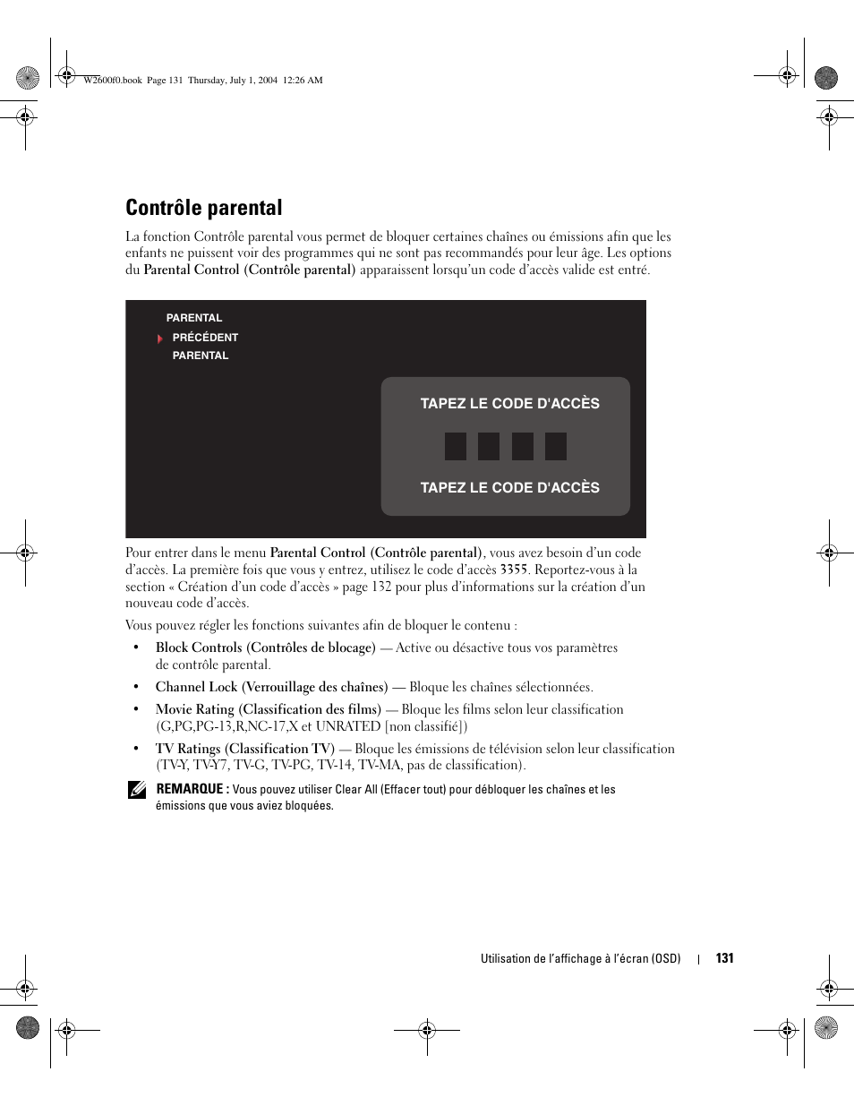 Contrôle parental | Dell LCD TV W2600 User Manual | Page 130 / 149