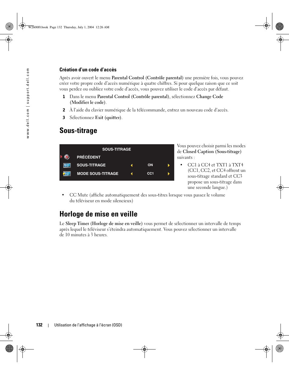 Sous-titrage, Horloge de mise en veille | Dell LCD TV W2600 User Manual | Page 131 / 149