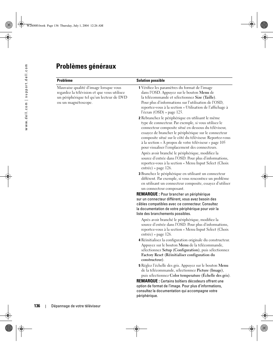 Problèmes généraux | Dell LCD TV W2600 User Manual | Page 135 / 149