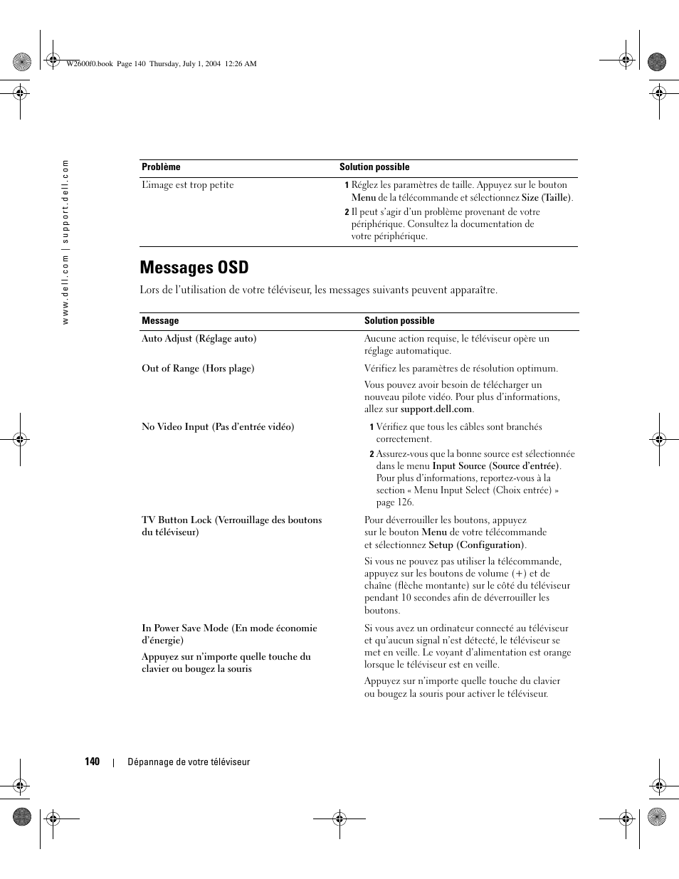 Messages osd | Dell LCD TV W2600 User Manual | Page 139 / 149