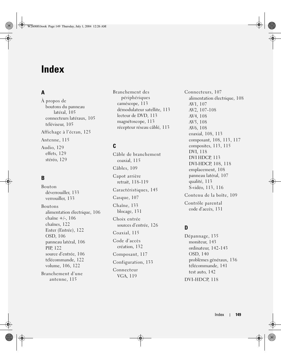 Index | Dell LCD TV W2600 User Manual | Page 148 / 149