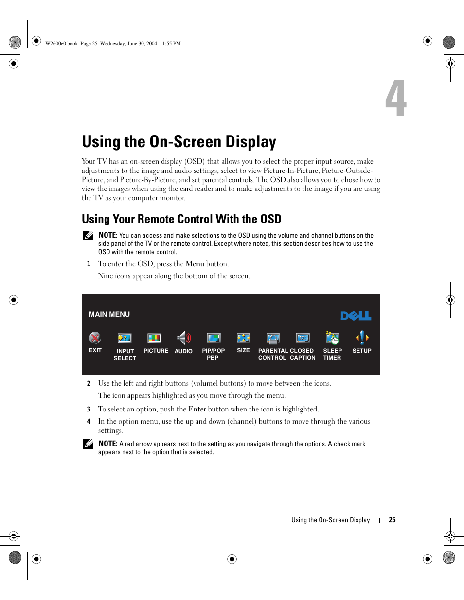 Using the on-screen display, Using your remote control with the osd | Dell LCD TV W2600 User Manual | Page 24 / 149