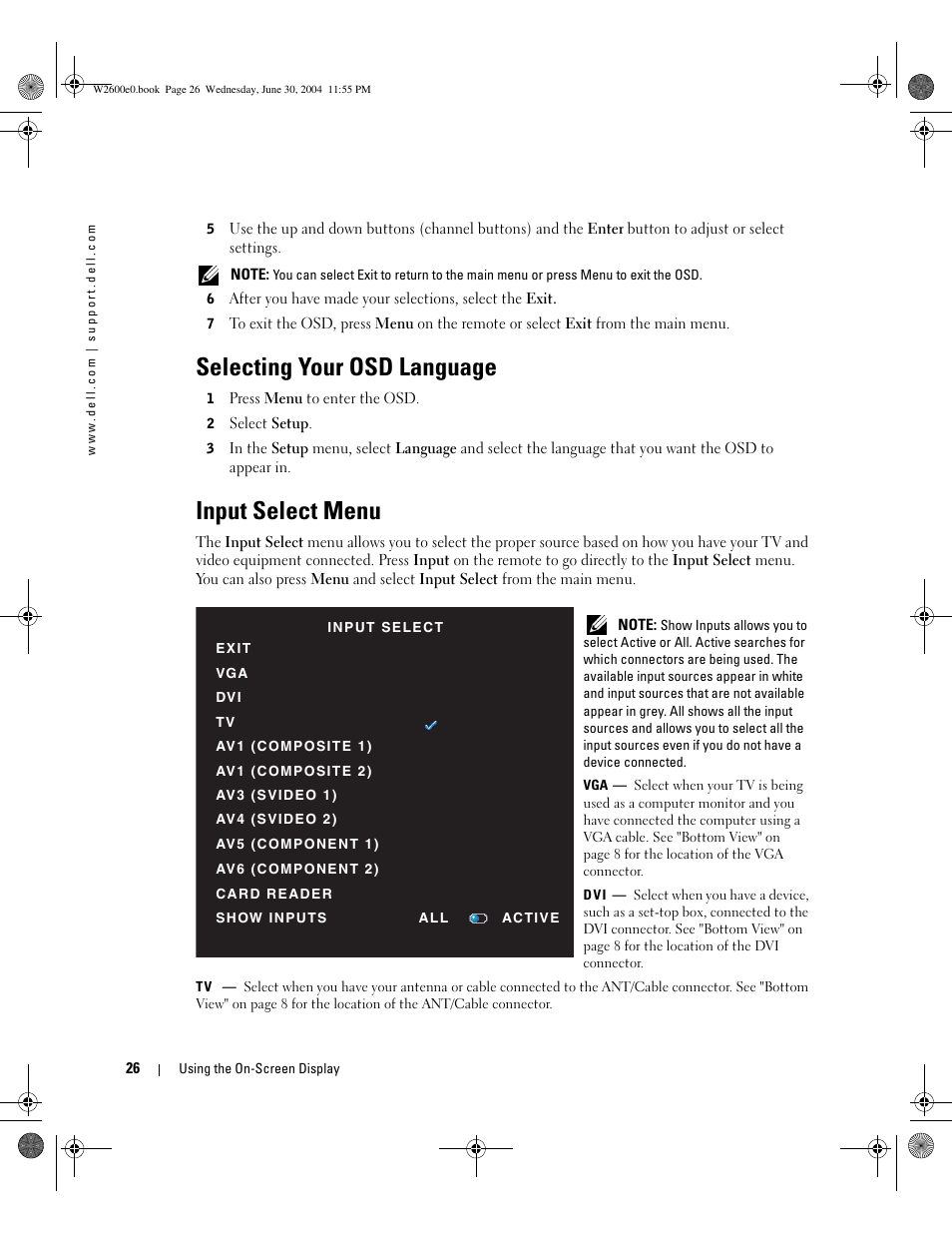 Selecting your osd language, Input select menu | Dell LCD TV W2600 User Manual | Page 25 / 149