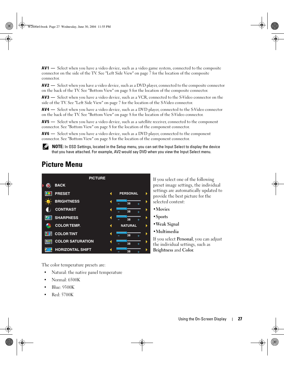 Picture menu | Dell LCD TV W2600 User Manual | Page 26 / 149