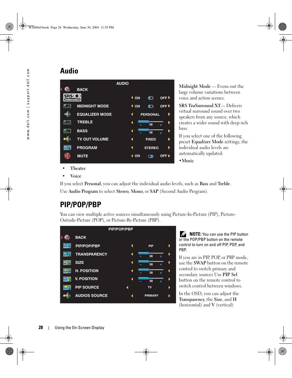Audio, Pip/pop/pbp | Dell LCD TV W2600 User Manual | Page 27 / 149
