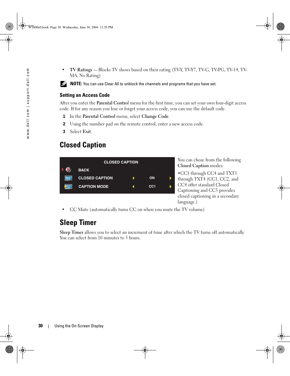 Closed caption, Sleep timer | Dell LCD TV W2600 User Manual | Page 29 / 149