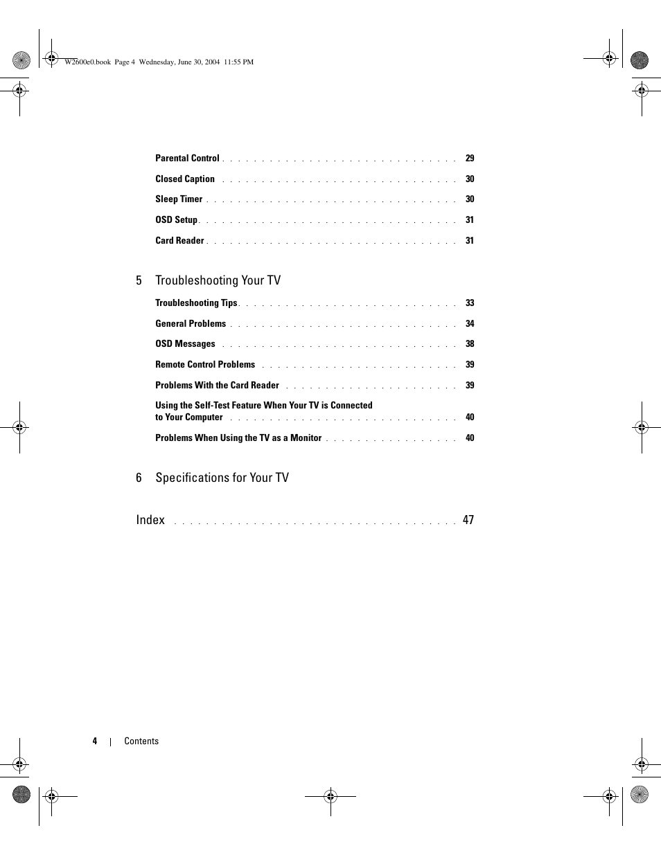 5troubleshooting your tv, 6specifications for your tv index | Dell LCD TV W2600 User Manual | Page 3 / 149