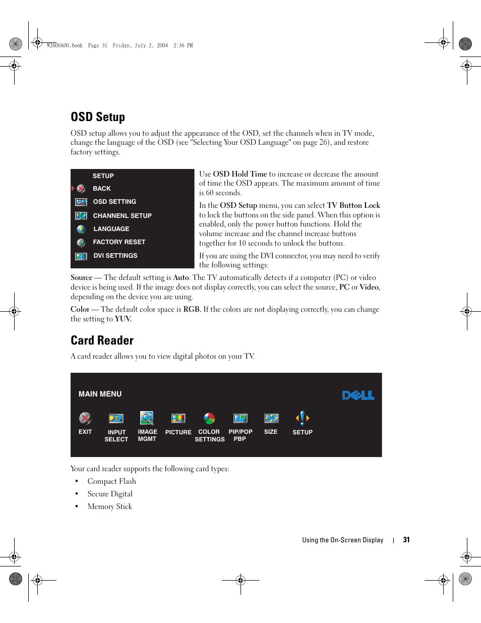 Osd setup, Card reader | Dell LCD TV W2600 User Manual | Page 30 / 149