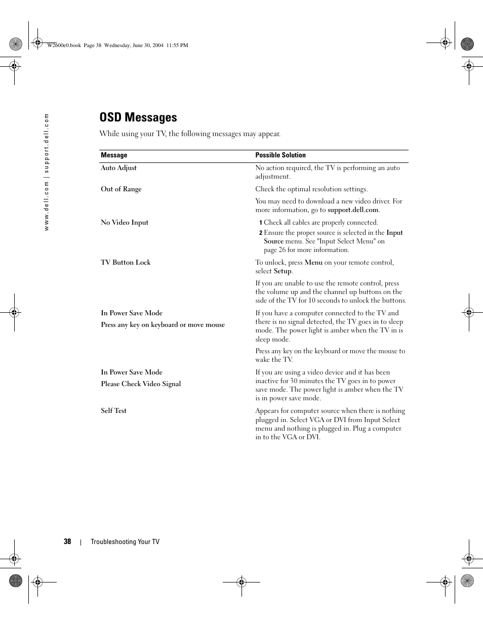 Osd messages | Dell LCD TV W2600 User Manual | Page 37 / 149
