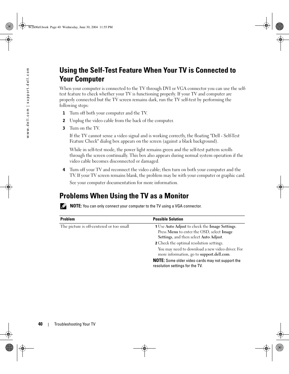 Problems when using the tv as a monitor | Dell LCD TV W2600 User Manual | Page 39 / 149