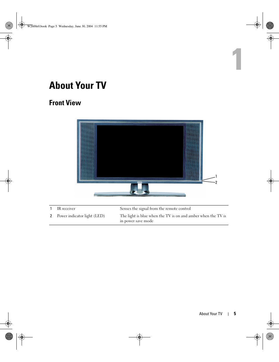 About your tv, Front view | Dell LCD TV W2600 User Manual | Page 4 / 149