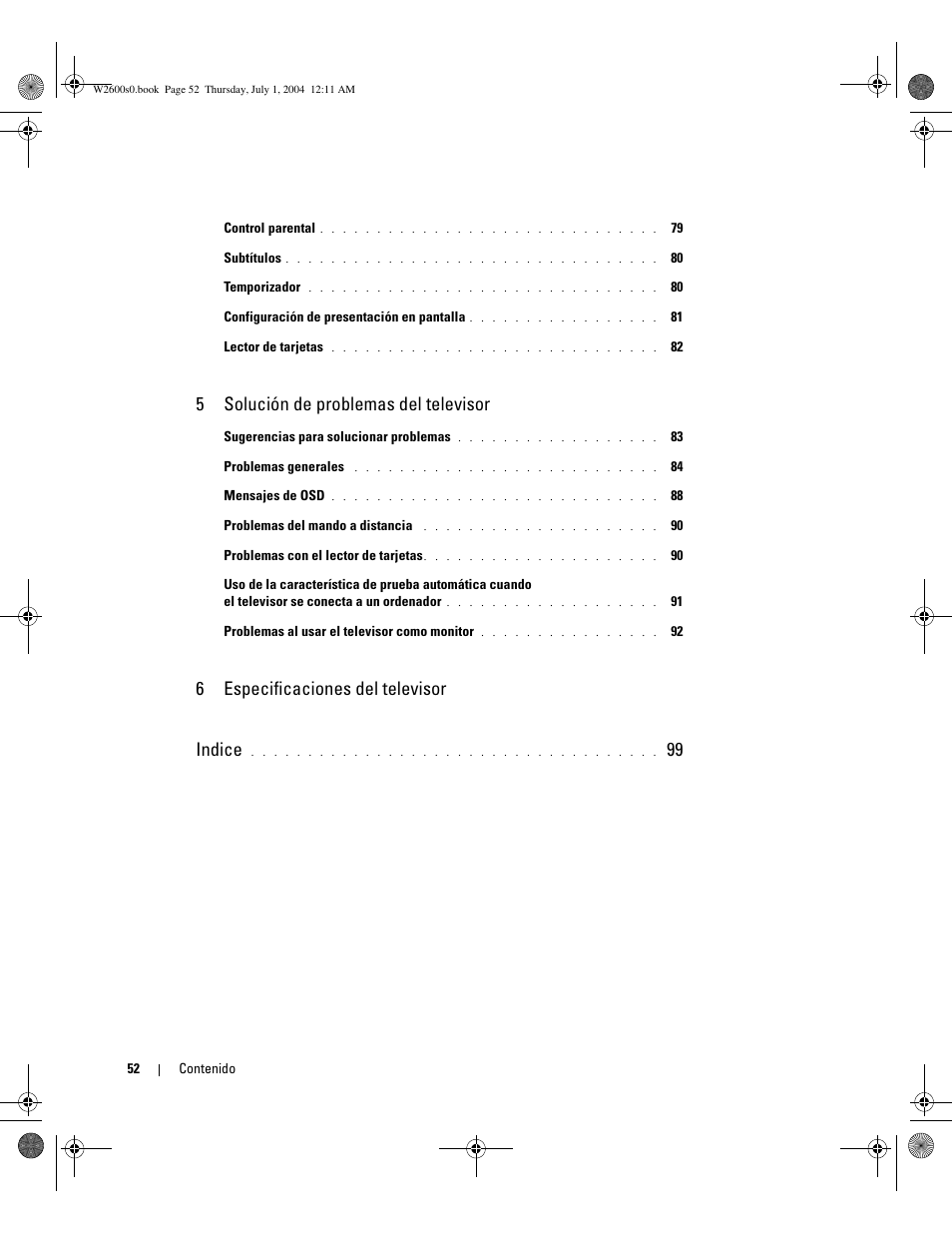5solución de problemas del televisor, 6especificaciones del televisor indice | Dell LCD TV W2600 User Manual | Page 51 / 149