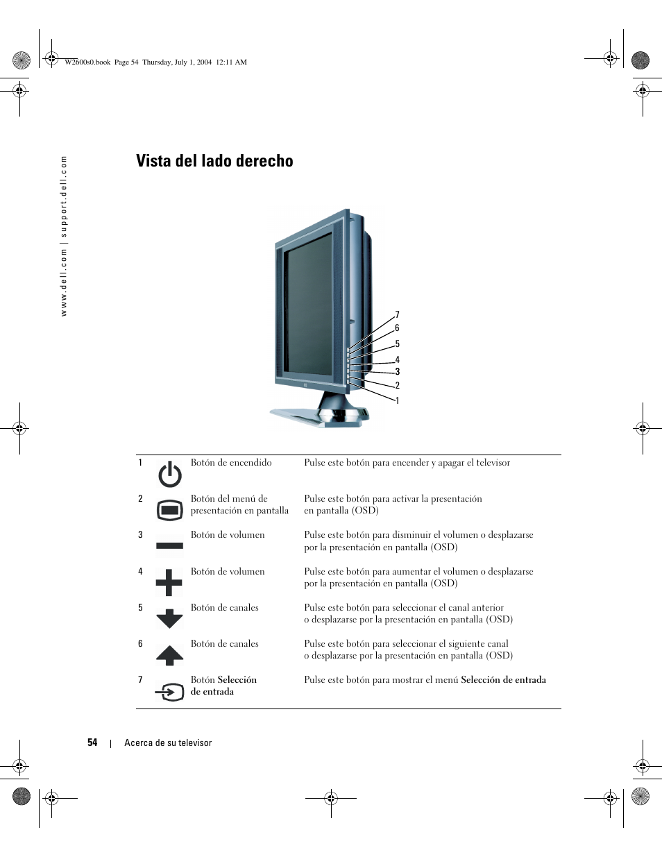 Vista del lado derecho | Dell LCD TV W2600 User Manual | Page 53 / 149