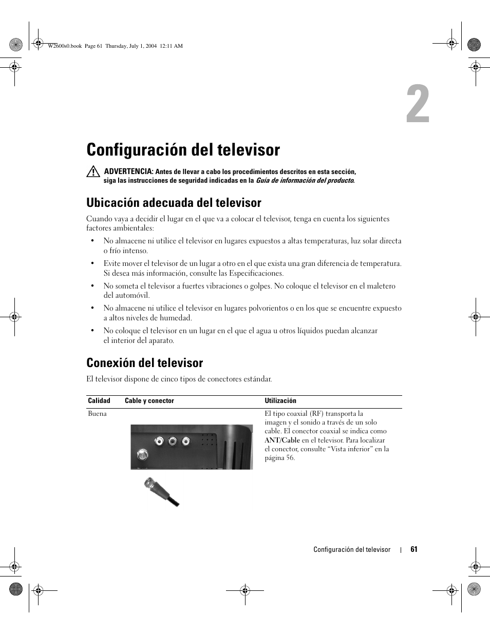 Configuración del televisor, Ubicación adecuada del televisor, Conexión del televisor | Dell LCD TV W2600 User Manual | Page 60 / 149