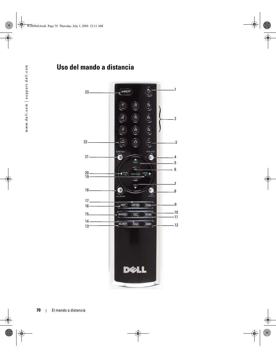 Uso del mando a distancia | Dell LCD TV W2600 User Manual | Page 69 / 149