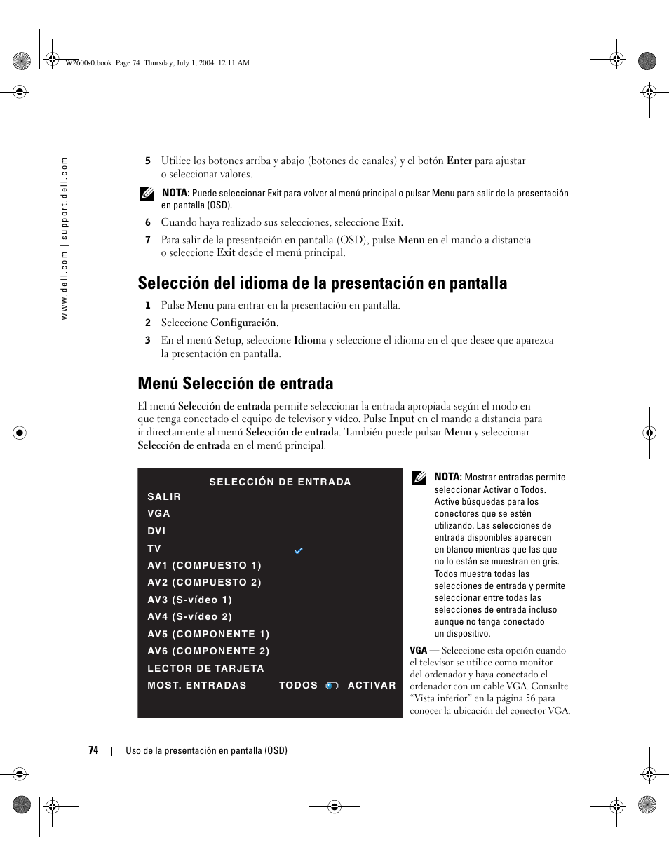 Menú selección de entrada | Dell LCD TV W2600 User Manual | Page 73 / 149