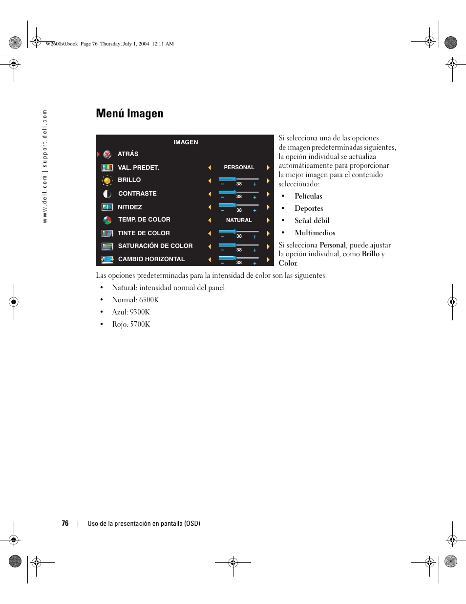 Menú imagen | Dell LCD TV W2600 User Manual | Page 75 / 149