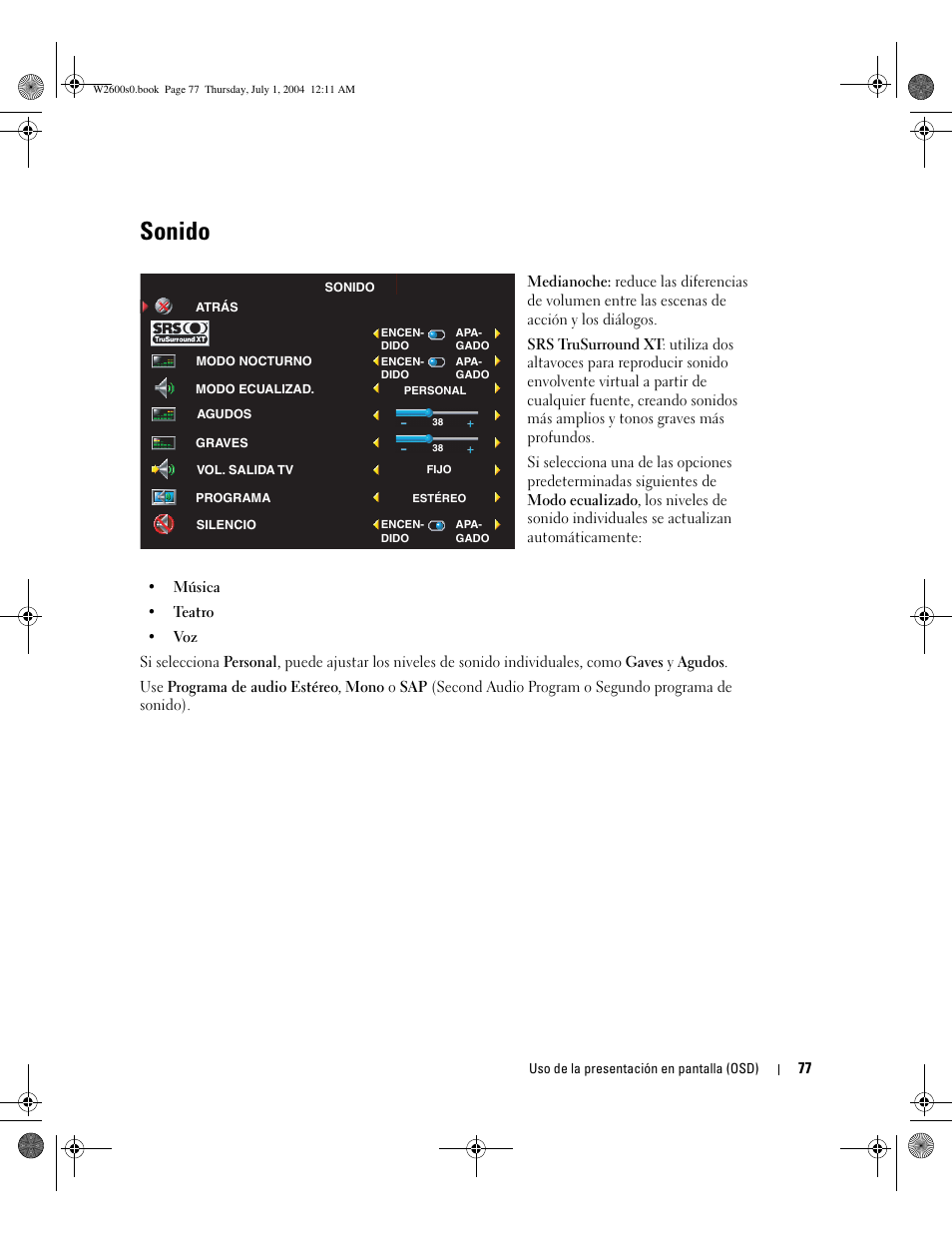 Sonido | Dell LCD TV W2600 User Manual | Page 76 / 149
