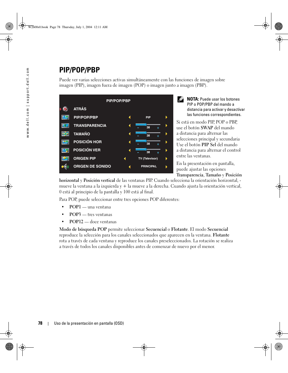 Pip/pop/pbp | Dell LCD TV W2600 User Manual | Page 77 / 149
